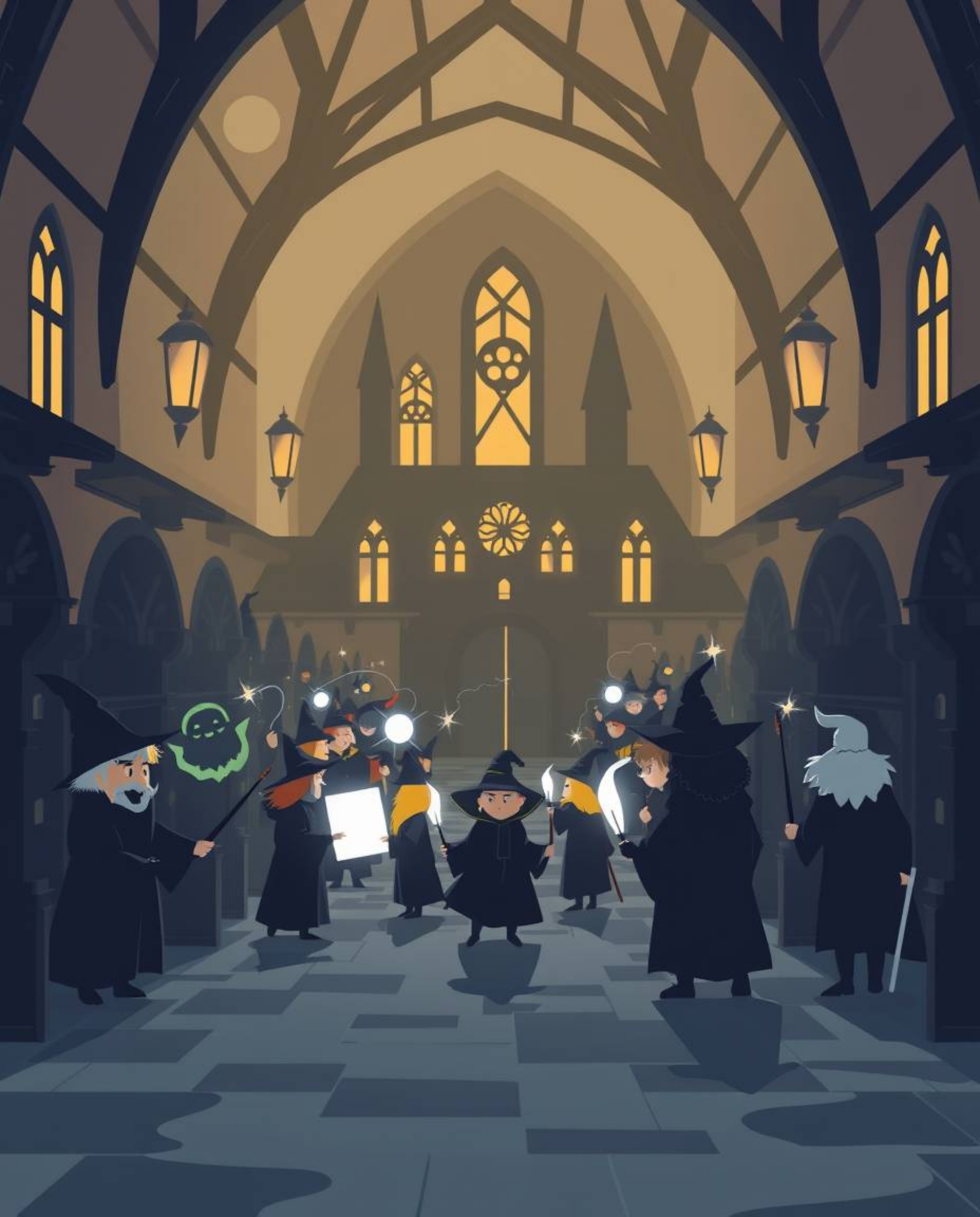 Explore a modern flat design depiction of a magical school teeming with young wizards. This illustration uses simple two-dime