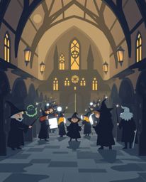 Explore a modern flat design depiction of a magical school teeming with young wizards. This illustration uses simple two-dime
