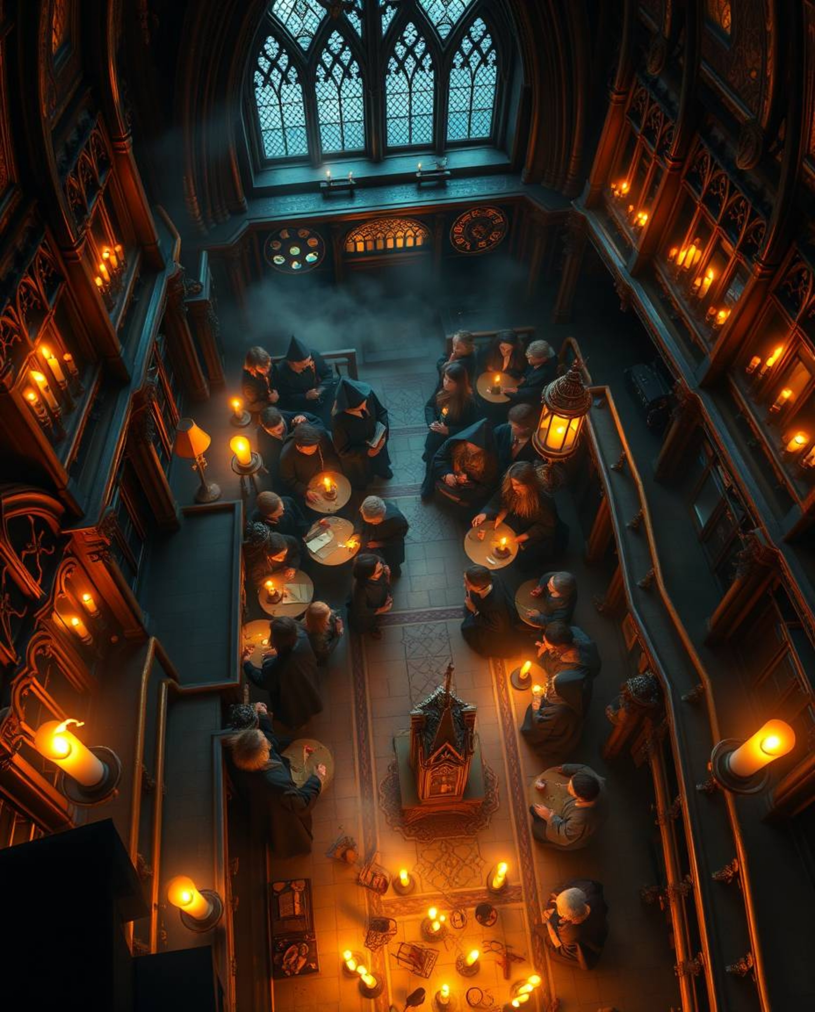 Immerse yourself in a bird's-eye view of a magical school teeming with young wizards, bathed in the warm glow of candlelight.