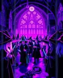 Explore a magical school teeming with young wizards, rendered in a surreal and creatively illuminated art style. Deep ultravi