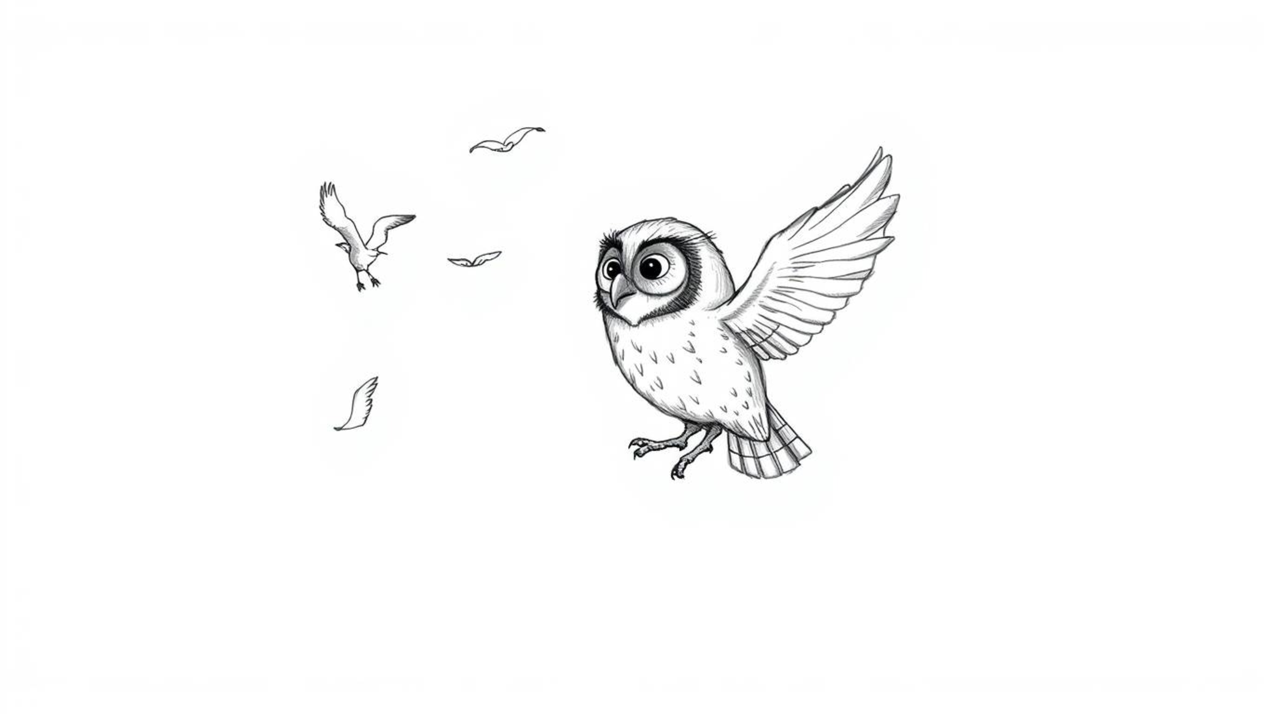 A heartwarming hand-drawn sketch in the style of Pixar depicts a blind owl, its soft feathers gently brushing the air, teachi