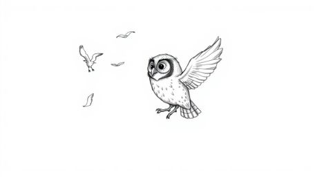 A heartwarming hand-drawn sketch in the style of Pixar depicts a blind owl, its soft feathers gently brushing the air, teachi