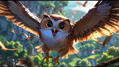 This dynamic and inspiring artwork, rendered in a beautiful fusion of Pixar and anime styles, captures a blind owl in its ele
