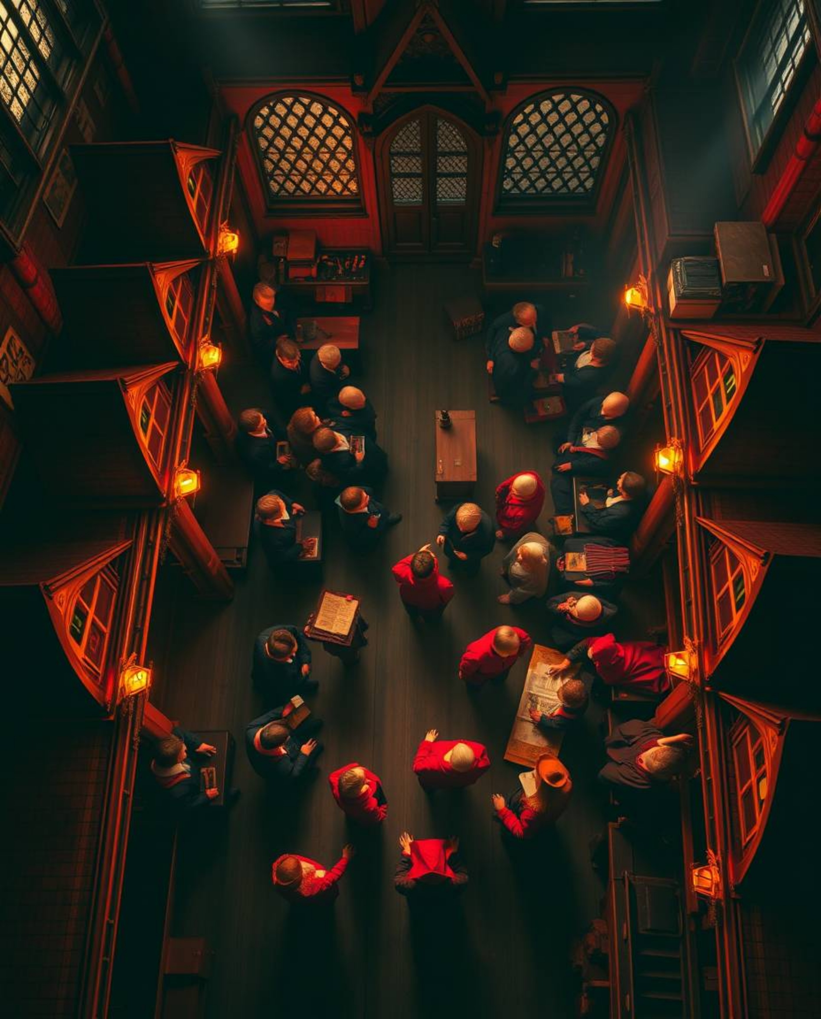 A captivating bird's eye view unveils a magical school brimming with young wizards, illuminated by high-contrast, low-key lig