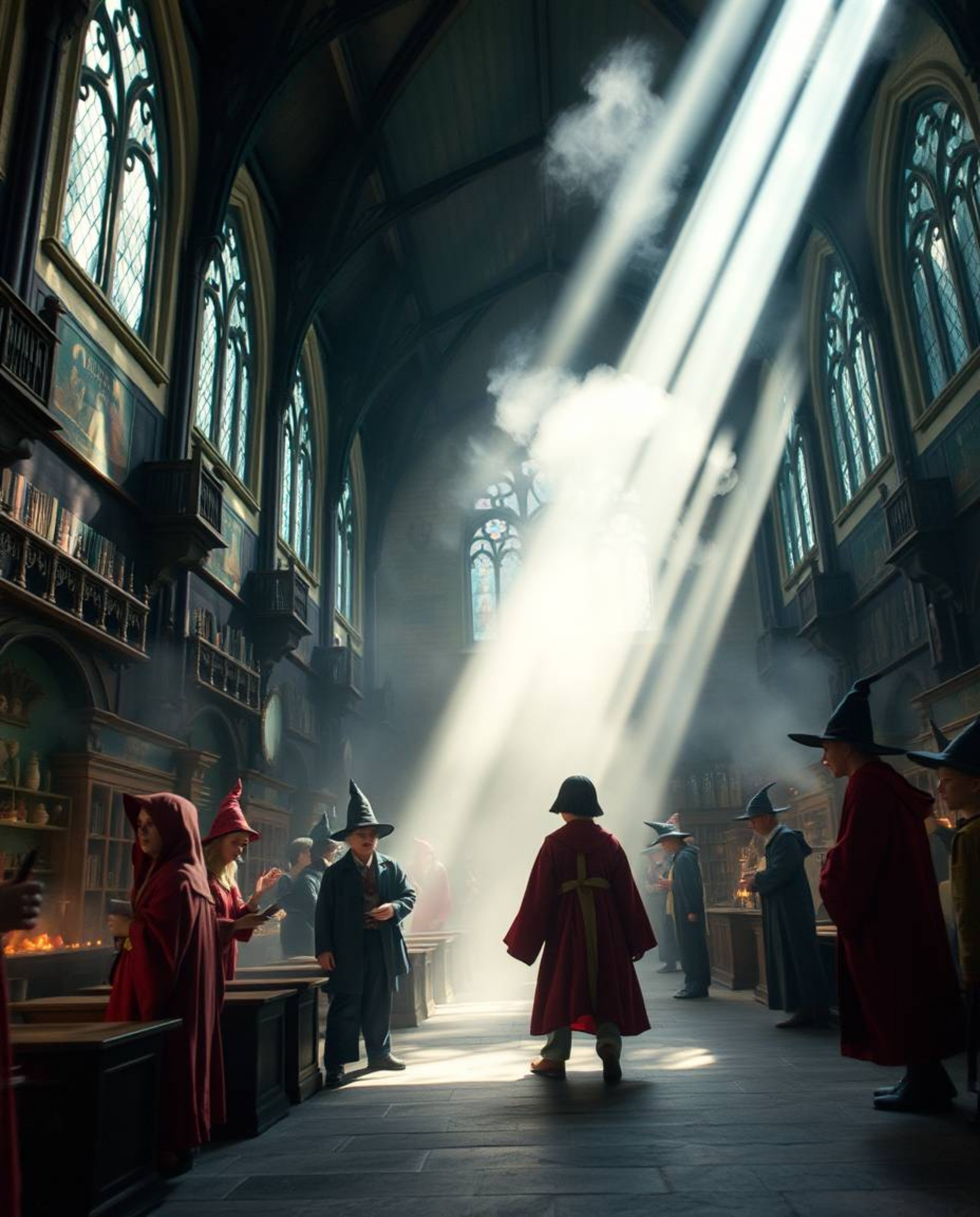 Step into a magical school teeming with young wizards, where volumetric lighting paints breathtaking scenes. Imagine low-angl