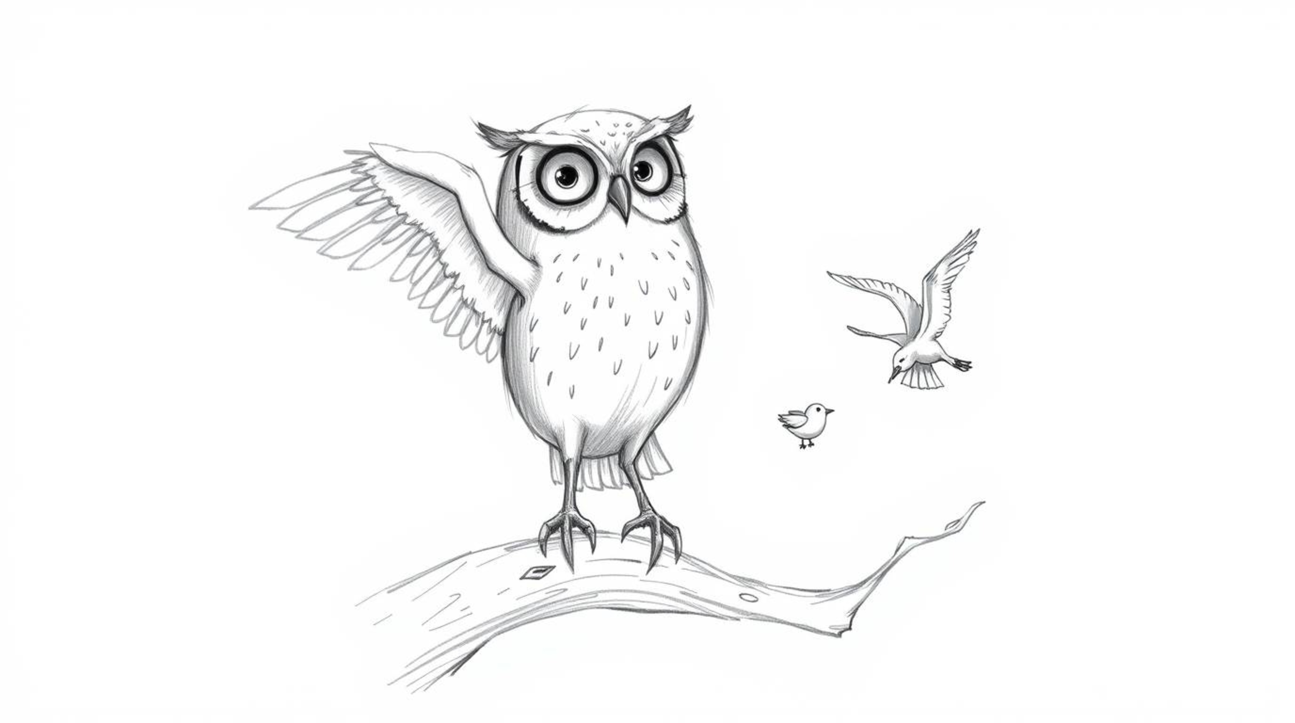A gentle, blind owl, depicted in a charming Pixar-inspired sketch, perches on a hollow branch and rhythmically taps its wings