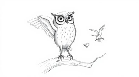 A gentle, blind owl, depicted in a charming Pixar-inspired sketch, perches on a hollow branch and rhythmically taps its wings