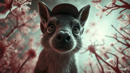 Discover a captivating image of a sarcastic animal sidekick with expressive eyes, set against a bizarre, otherworldly scene. 
