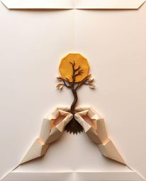 This image showcases an intricate origami style aesthetic with geometric precision.  Hands are depicted planting a tree under