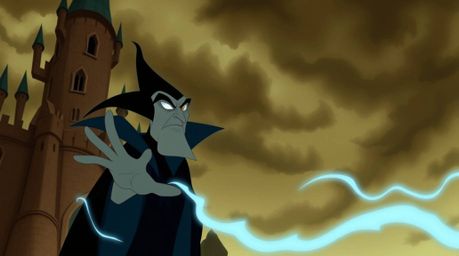 A classic Disney villain with sharp, defined features casts a powerful spell within the aged walls of an earth-toned castle.