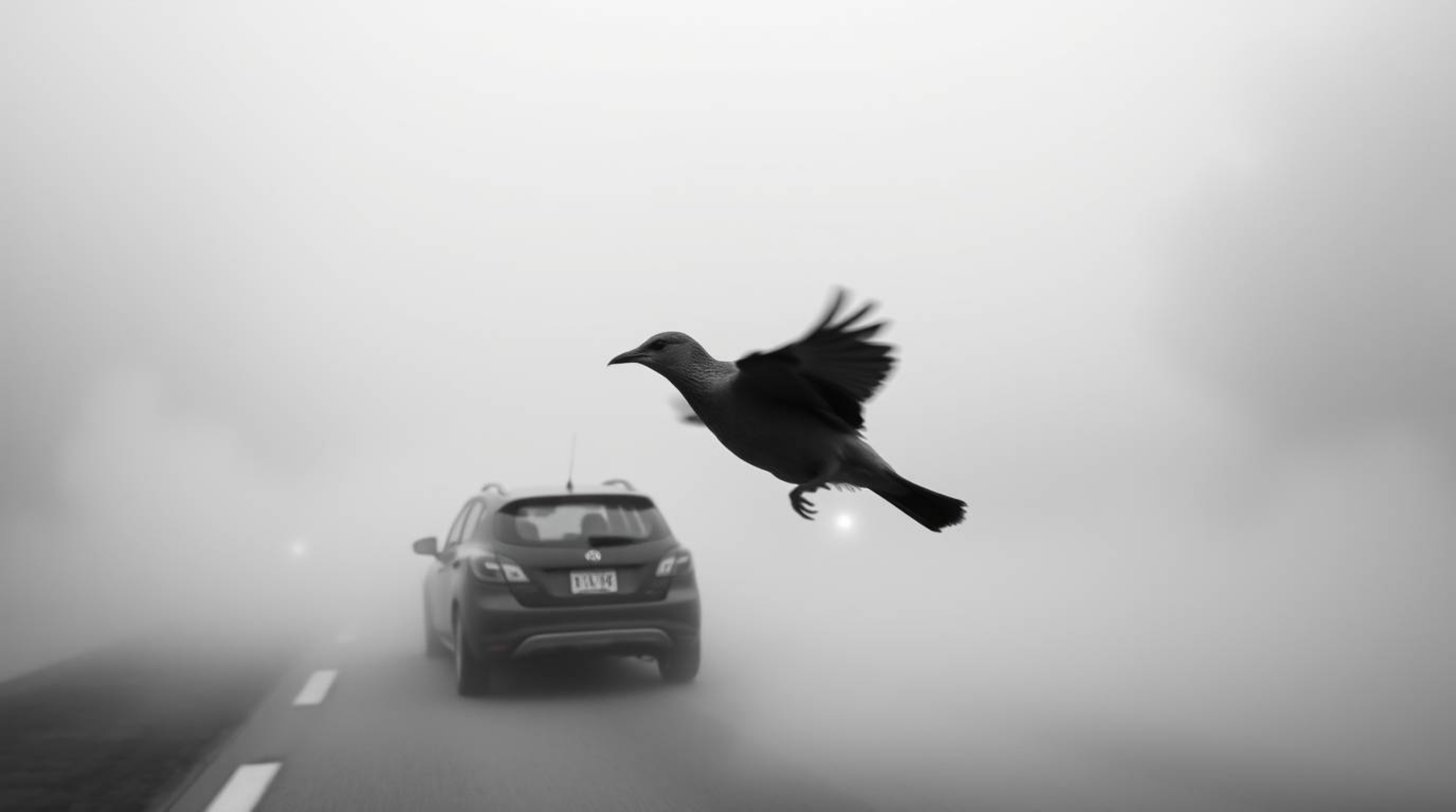 A classic black and white photograph featuring a fast-running bird zooming past traffic in a thick, foggy environment with lo