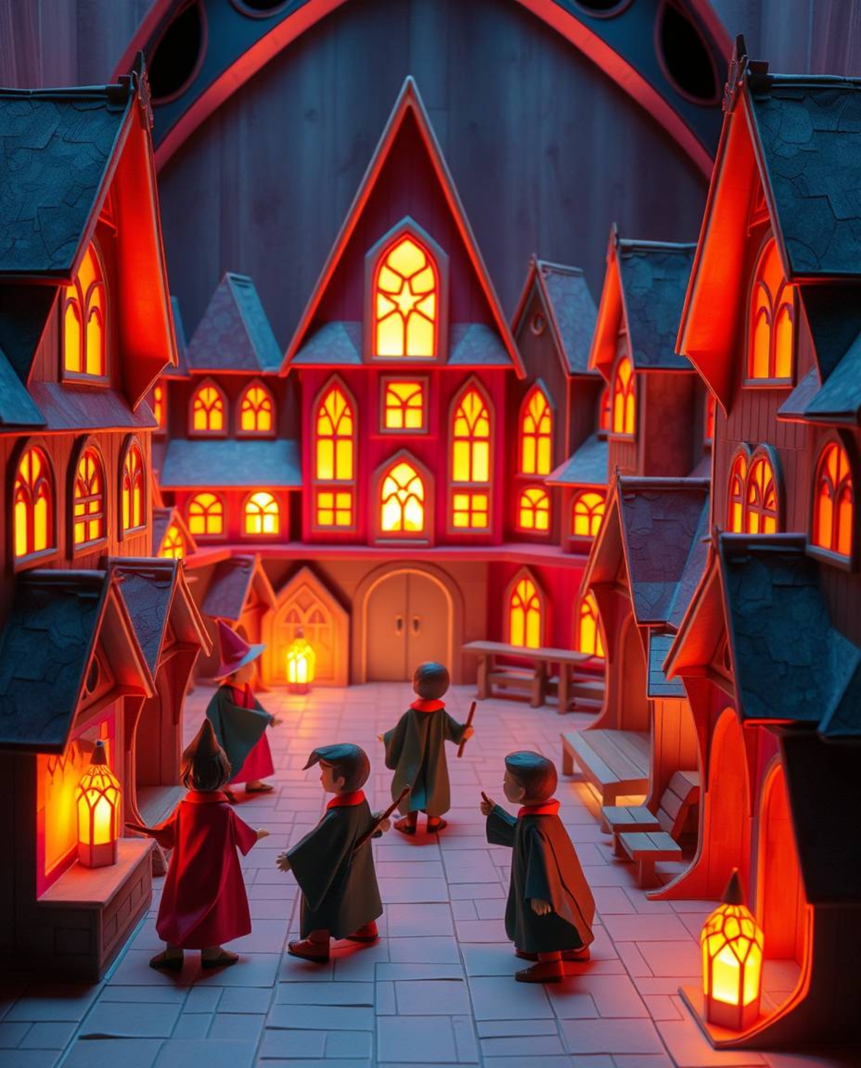 Discover a magical school brimming with young wizards, exquisitely rendered in intricate origami.  The artwork showcases glow