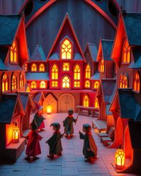Discover a magical school brimming with young wizards, exquisitely rendered in intricate origami.  The artwork showcases glow