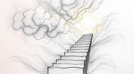 This hand-drawn sketch depicts a surreal stairway ascending through smoky clouds to a bright celestial light, conveying a sen