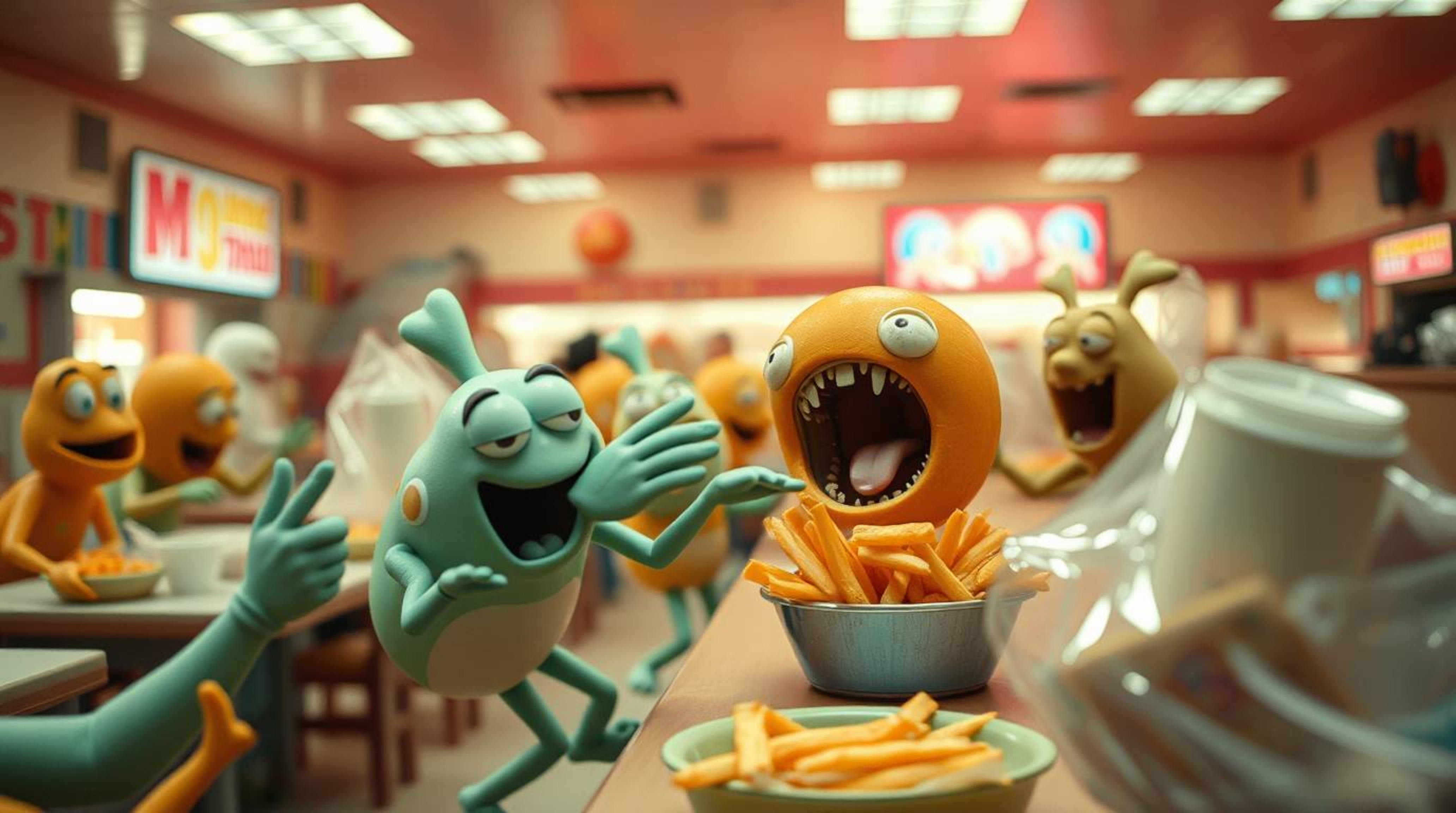 Witness a bizarre and captivating food fight unfolding in a cartoon cafeteria.  Rendered in striking infrared tones, the imag