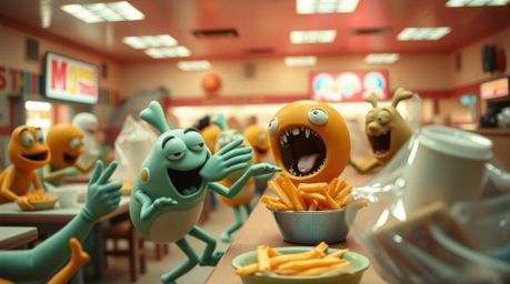 Witness a bizarre and captivating food fight unfolding in a cartoon cafeteria.  Rendered in striking infrared tones, the imag
