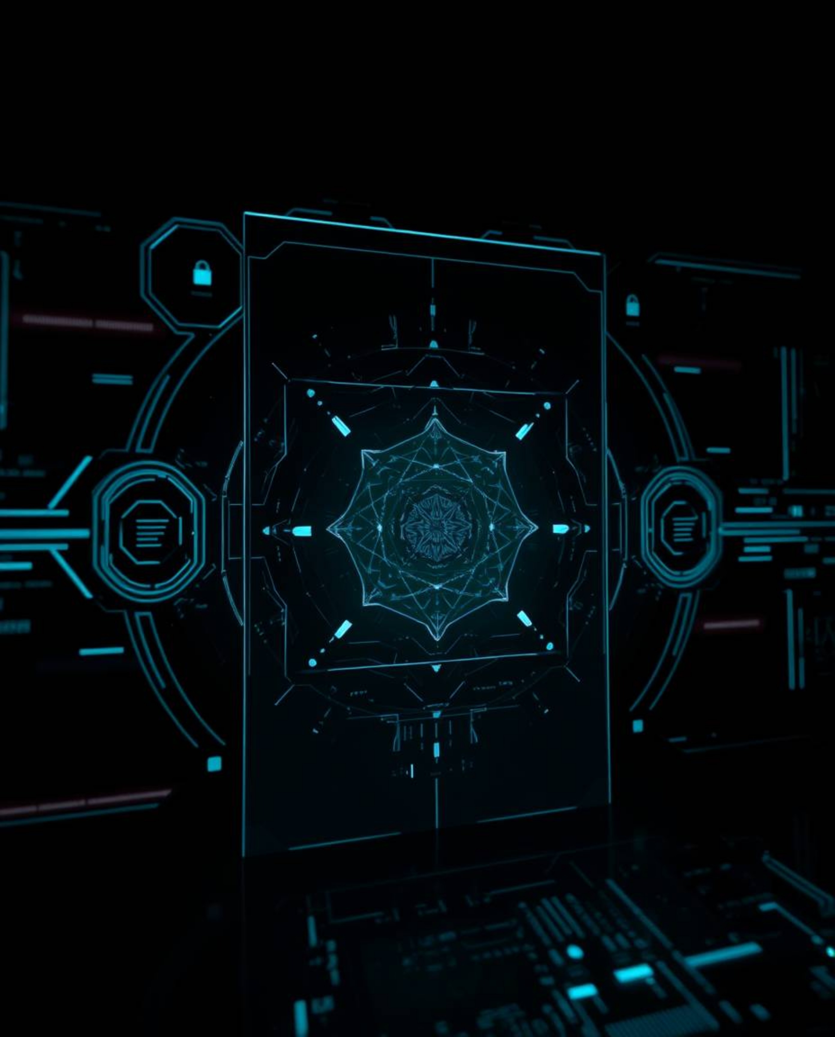 Explore a high-contrast, low-key cinematic photograph showcasing a futuristic digital interface. This image features geometri