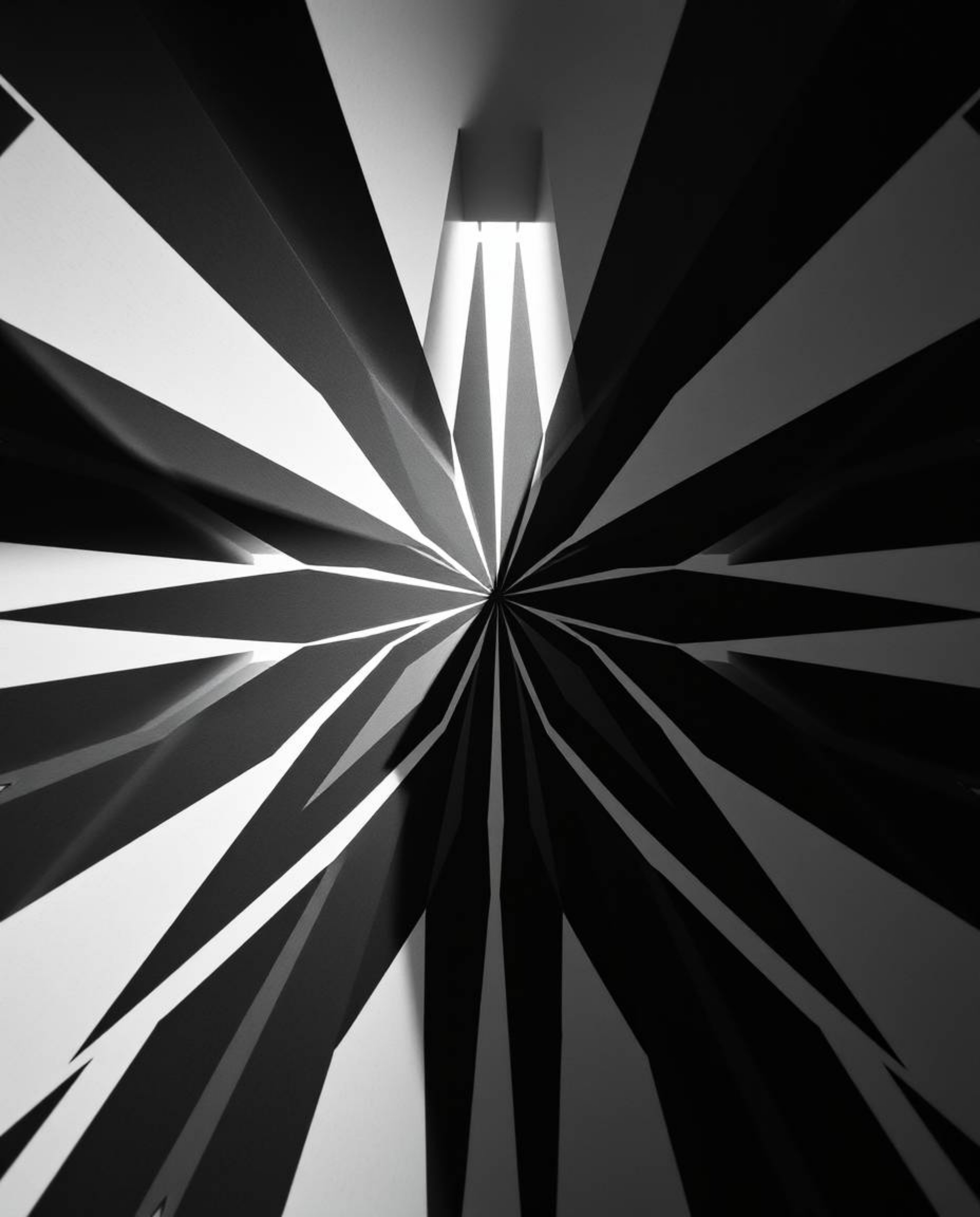 This high-angle black and white image features a captivating geometric optical illusion pattern in a retro style. The composi