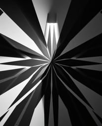 This high-angle black and white image features a captivating geometric optical illusion pattern in a retro style. The composi