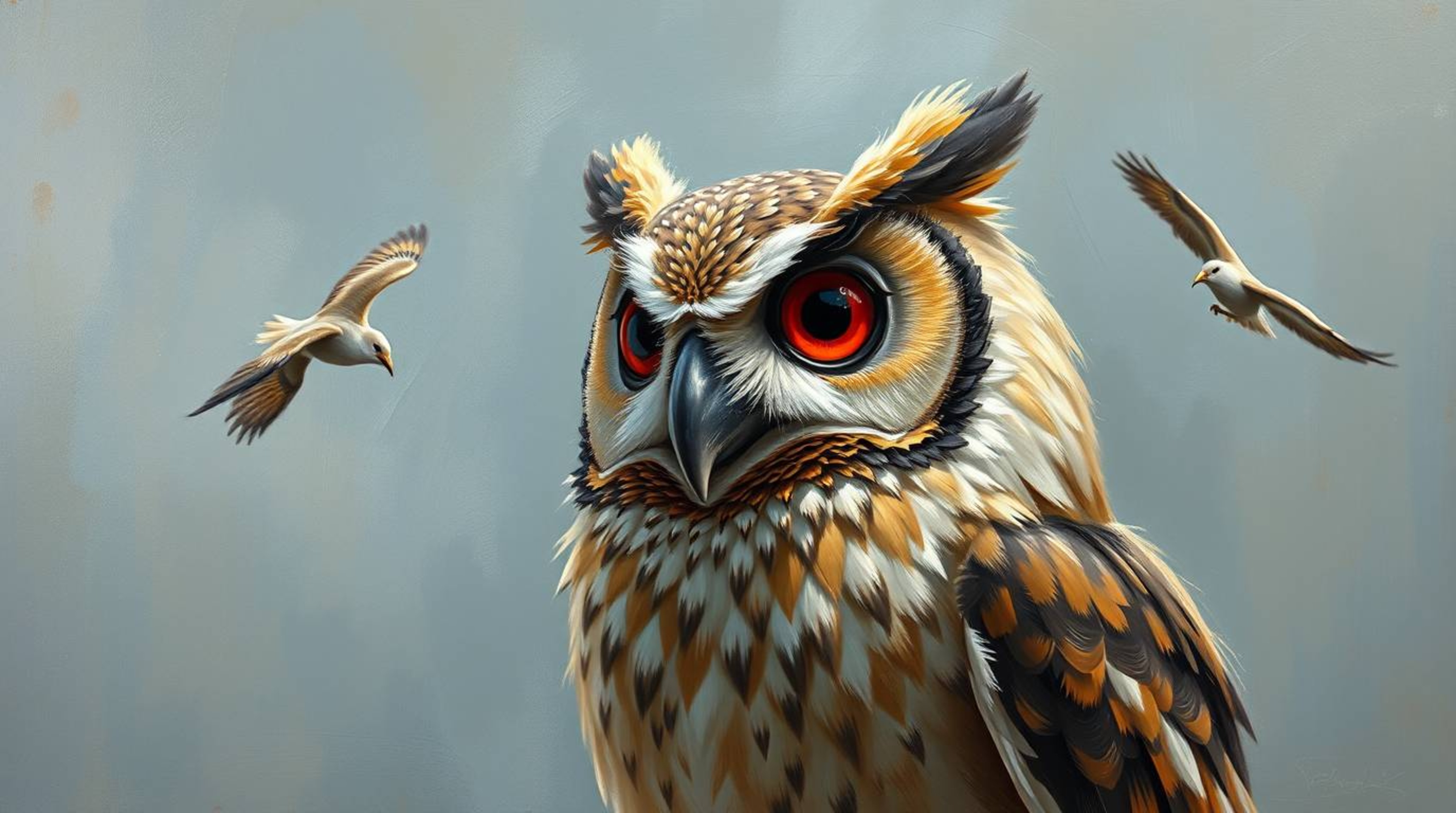 A classic oil painting depicting a Pixar-style blind owl, its visible brushstrokes and rich textures enhancing the scene. Thi