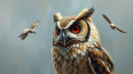 A classic oil painting depicting a Pixar-style blind owl, its visible brushstrokes and rich textures enhancing the scene. Thi