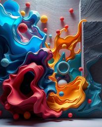 This illustration showcases a dramatic cinematic style, featuring colorful 3D fluid shapes interacting with geometric forms i