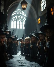 A captivating high contrast, low key photograph showcases an adorable and charming magical school teeming with young wizards.