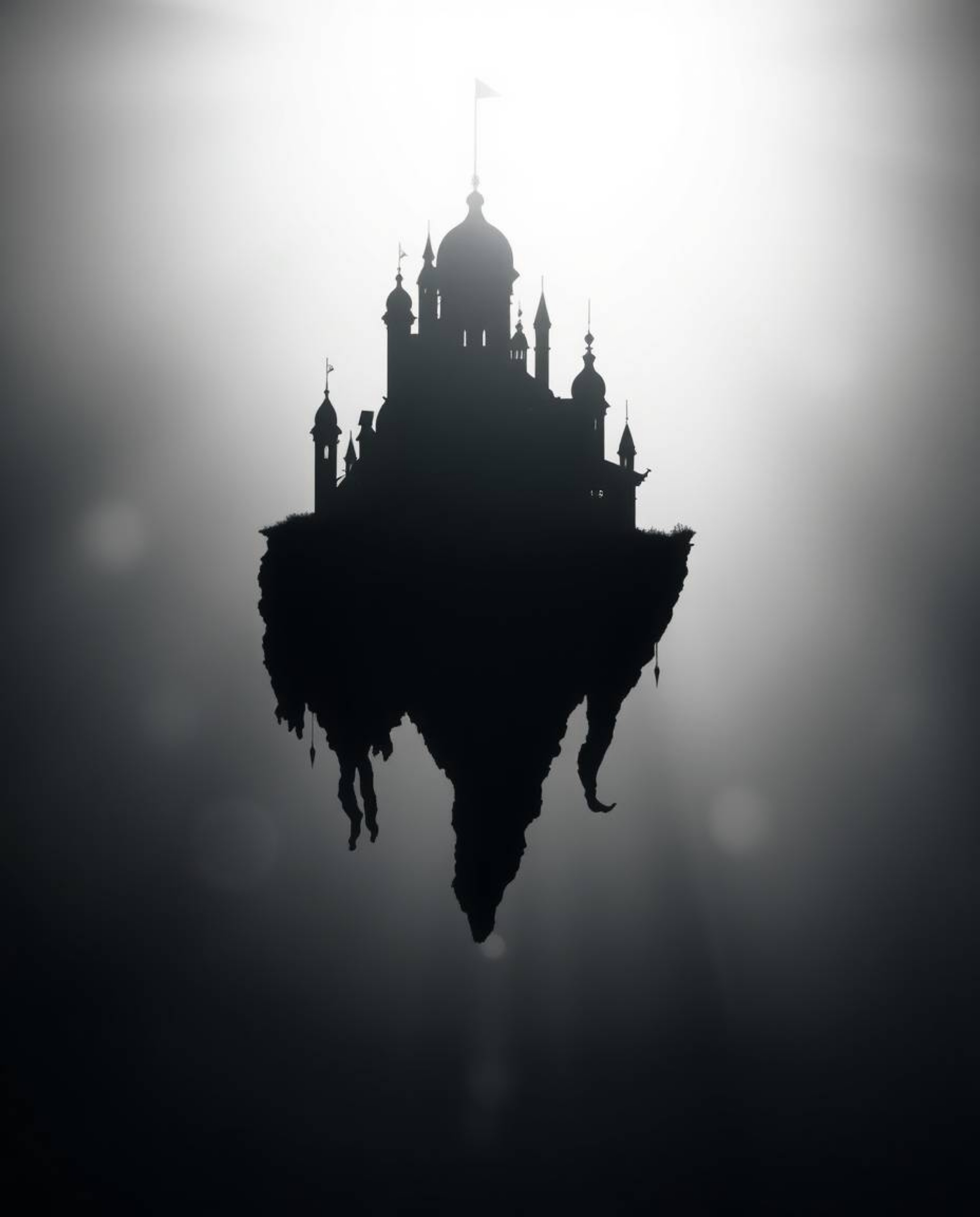 This stunning black and white photograph captures a surreal floating island with strange and elegant architecture, silhouette