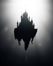 This stunning black and white photograph captures a surreal floating island with strange and elegant architecture, silhouette