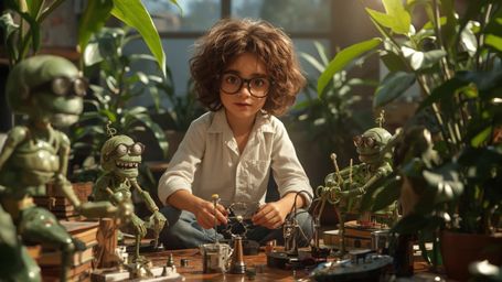 A high-resolution stock photo, reminiscent of a Pixar animation, captures a bright-eyed, bespectacled young genius in a sunli