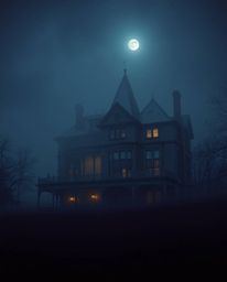 Explore a captivating fine art photograph showcasing a fog-laden Victorian mansion bathed in moonlight. The image is rendered