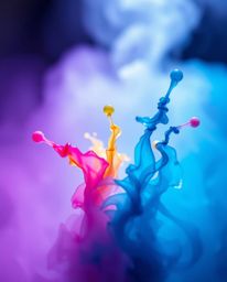 A mesmerizing macro photograph captures the ethereal beauty of ink swirling in water, creating vibrant and colorful splash sh