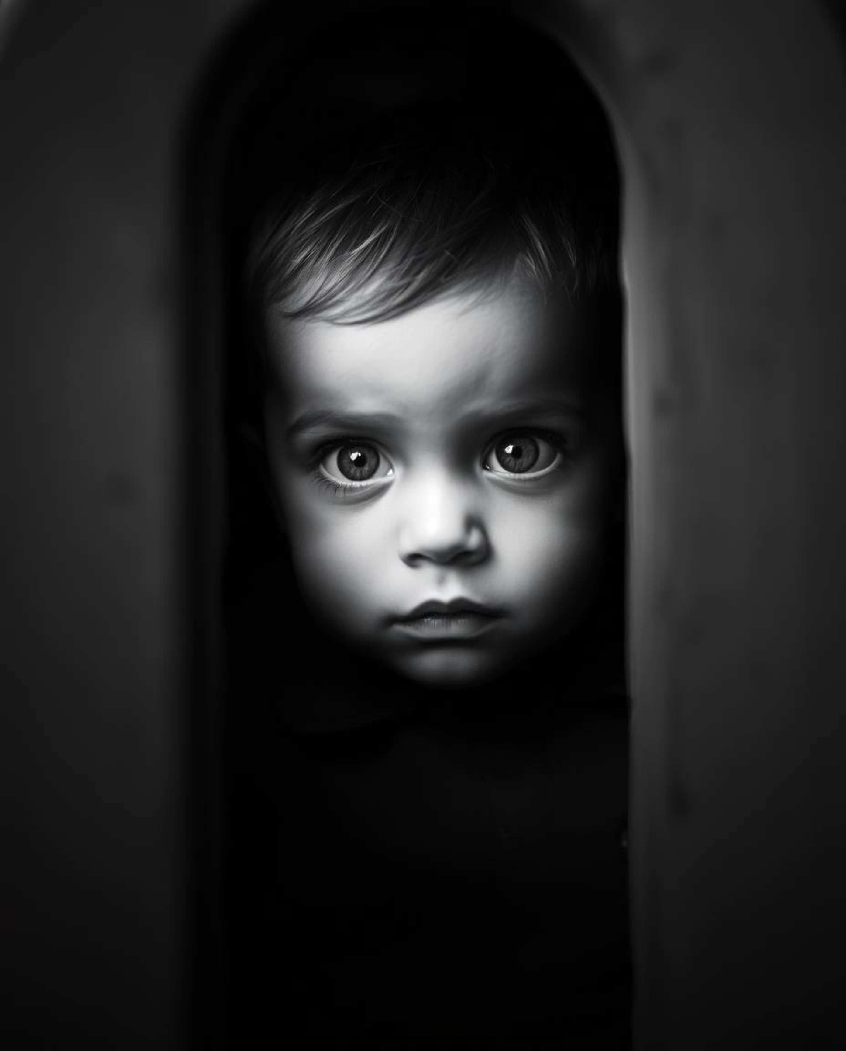 A captivating black and white photograph depicts a child with expressive eyes discovering a mysterious portal in a soft, hazy