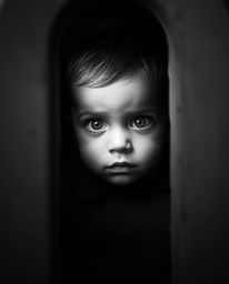 A captivating black and white photograph depicts a child with expressive eyes discovering a mysterious portal in a soft, hazy