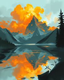 A digital sketch in a painterly style showcases the reflections of fiery clouds in a mountain lake, created with loose brushs