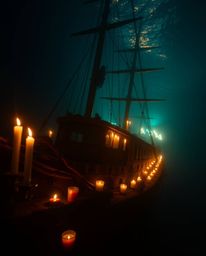 A captivating underwater scene featuring a shipwreck bathed in a mesmerizing blend of warm terracotta and cool teal candlelig