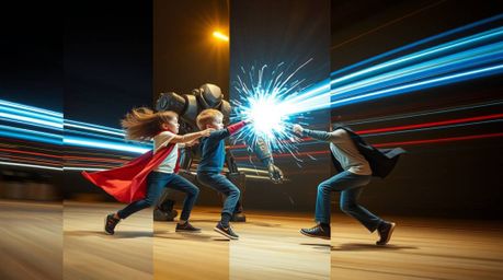A captivating long-exposure photograph showcases three superpowered children engaged in an epic battle against a formidable r