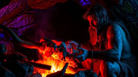 Experience a vibrant scene of caveman cooking mammoth meat, bathed in the otherworldly glow of bioluminescent colors and natu