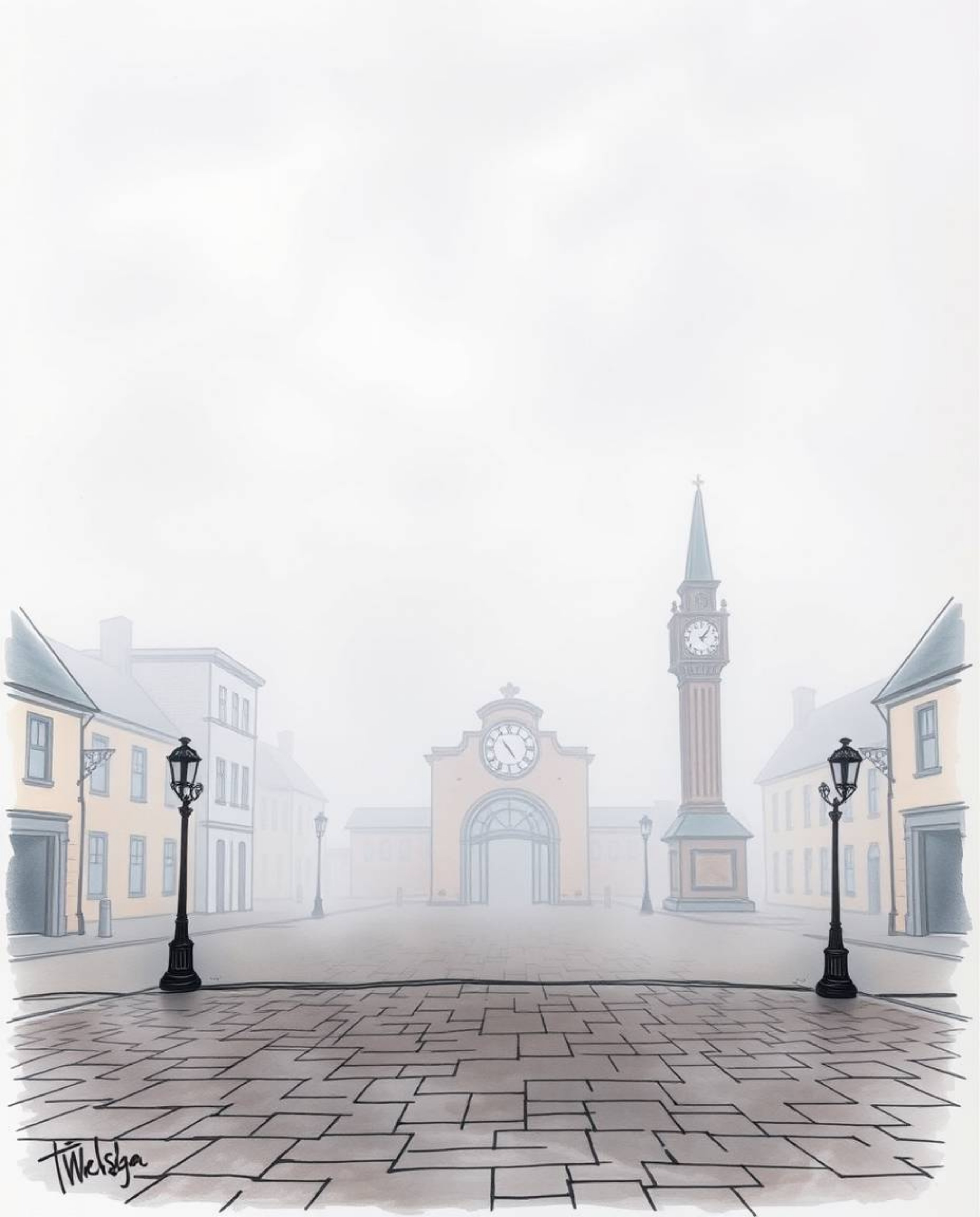 A captivating hand-drawn sketchnote depicts an eerily empty town square shrouded in thick fog.  The low visibility adds to th