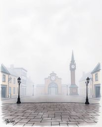A captivating hand-drawn sketchnote depicts an eerily empty town square shrouded in thick fog.  The low visibility adds to th