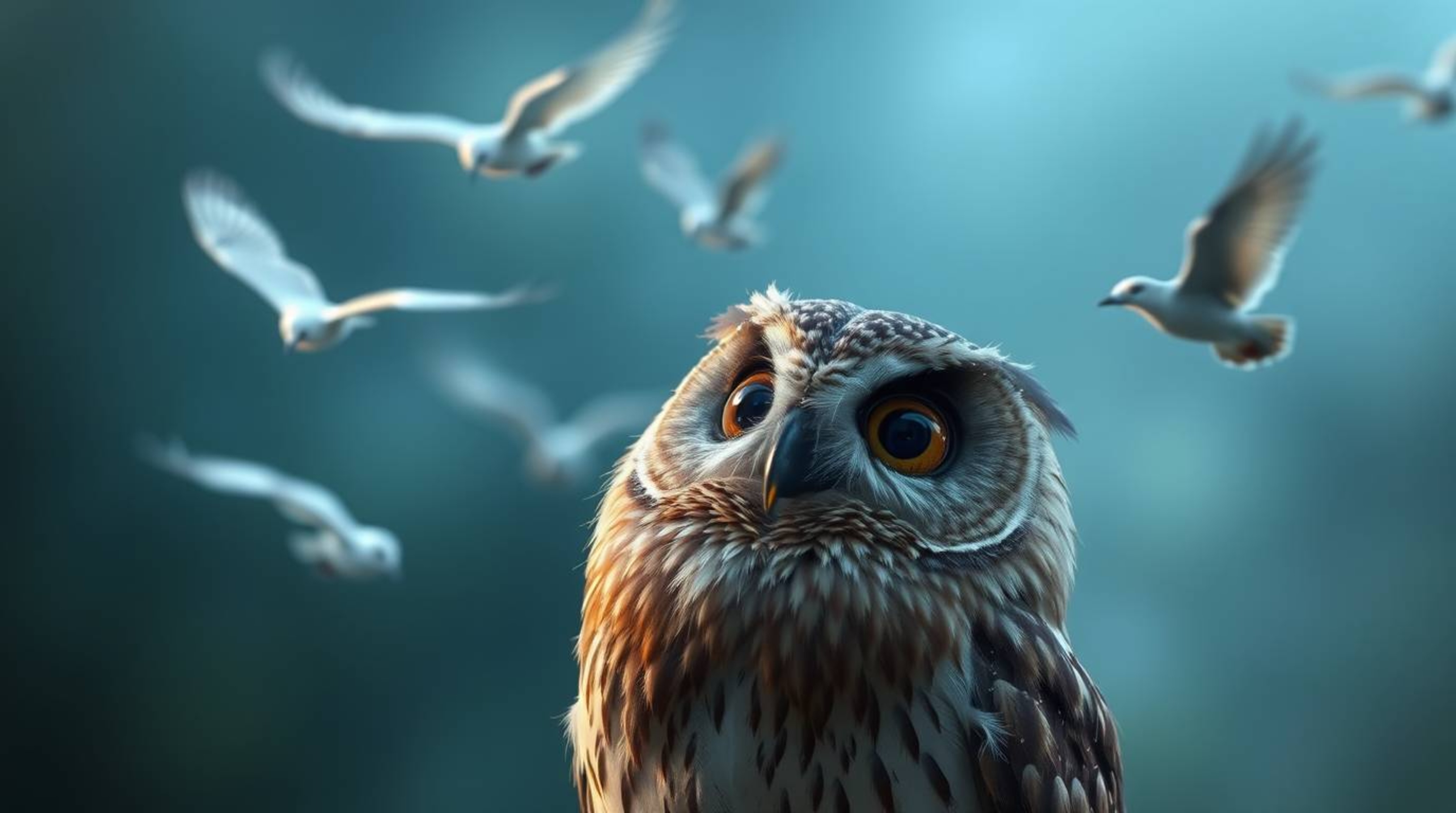 A long-exposure photograph in a distinct Pixar style captures a blind owl with detailed feathers, large expressive eyes, and 