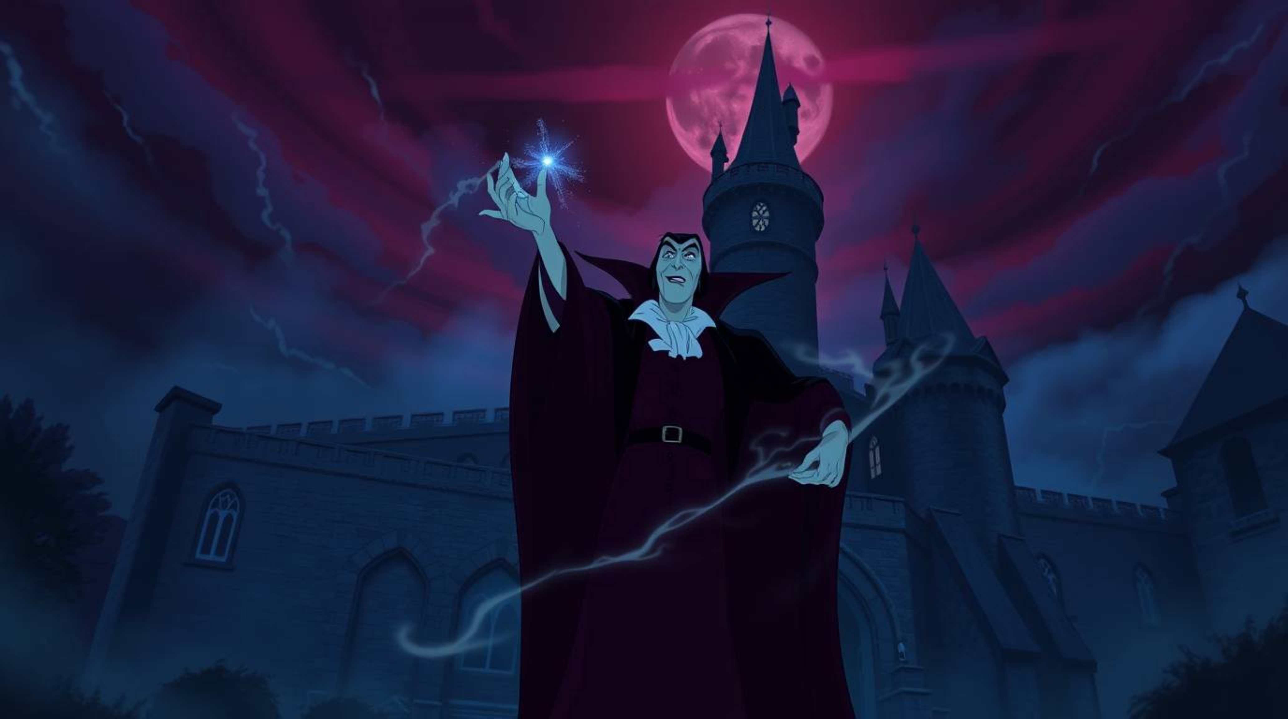Experience a classic Disney villain casting a spell within the walls of an old castle, set against the backdrop of intense an