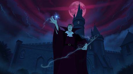 Experience a classic Disney villain casting a spell within the walls of an old castle, set against the backdrop of intense an