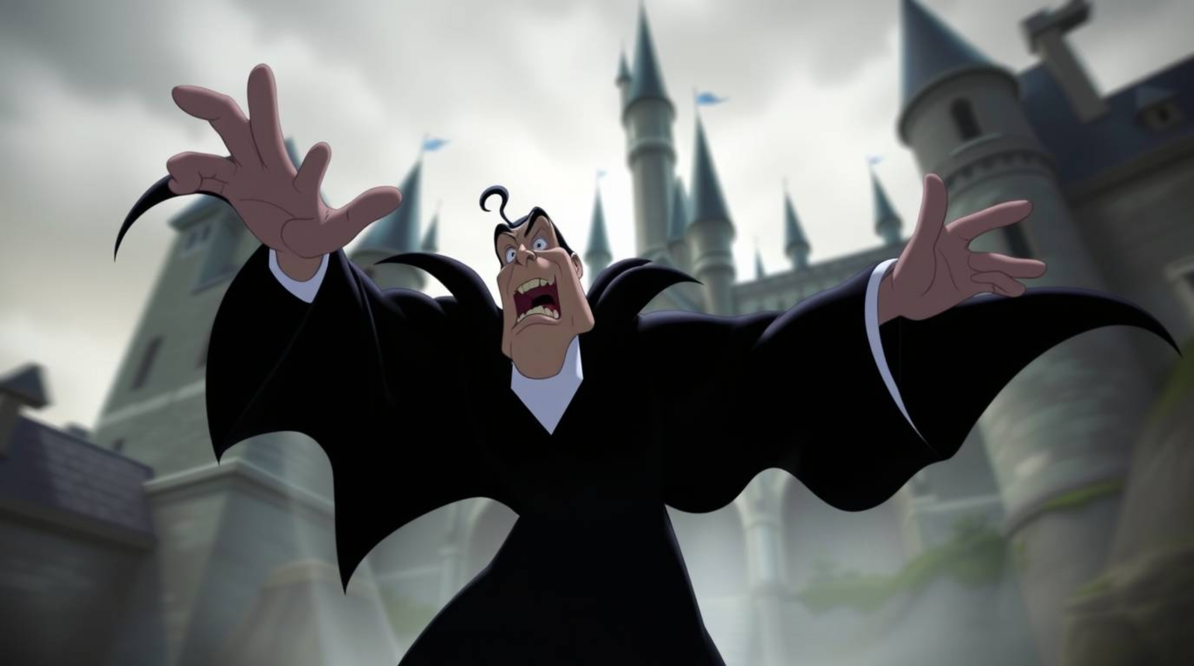 A classic Disney villain dynamically casts a spell within the aged walls of an ancient castle. Smooth gradient transitions c