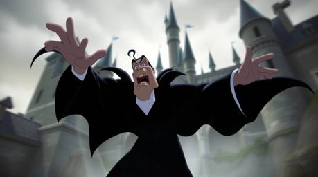 A classic Disney villain dynamically casts a spell within the aged walls of an ancient castle.  Smooth gradient transitions c