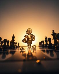 A captivating low-angle perspective captures a chessboard and its pieces suspended in mid-air, frozen in a moment of chaotic 