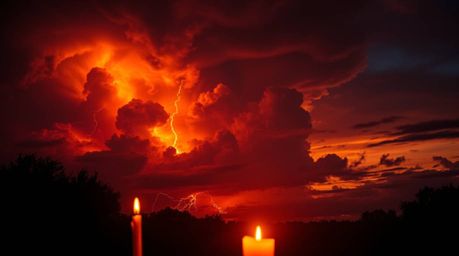 This artwork captures the dramatic beauty of a thunderstorm illuminated by the warm hues of a setting sun. Candlelight adds a