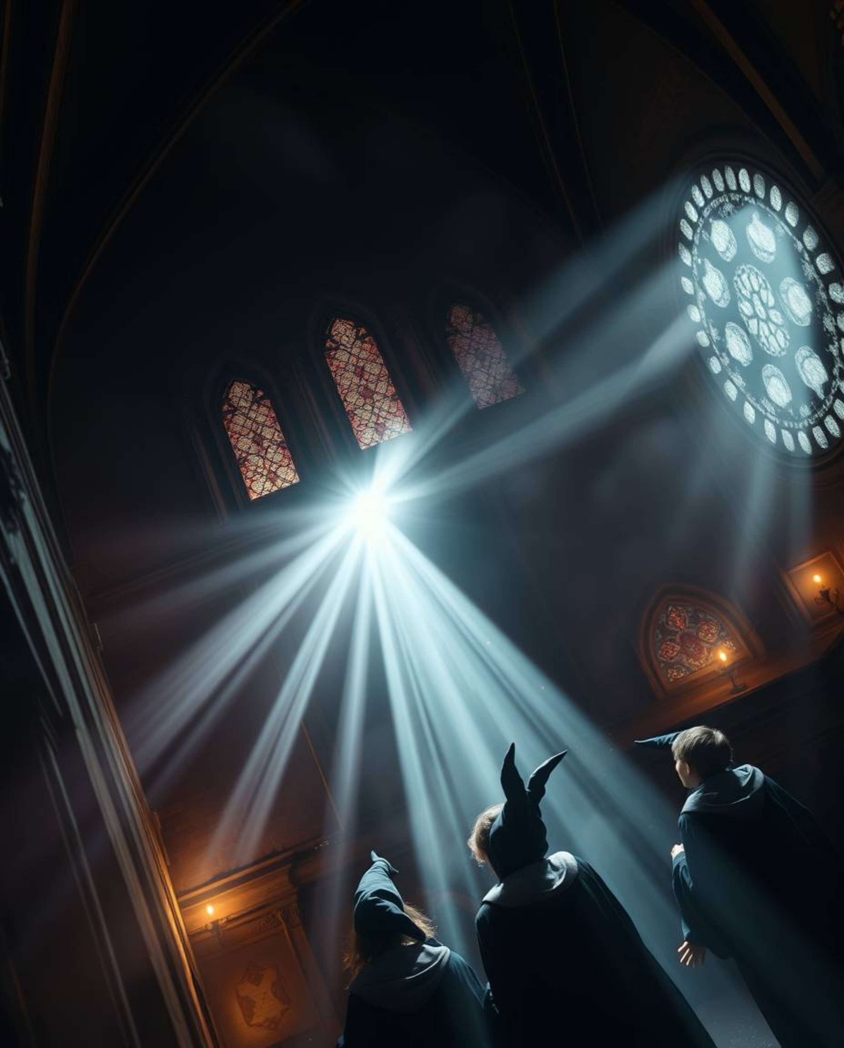 Overhead, a magical school glows with volumetric lighting, revealing young wizards within. Light beams dance through dust mot