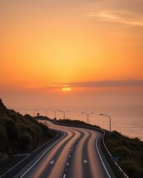 This is a high-resolution stock photo that captures a warm golden hour sunset sky over a winding coastal highway. The scene i