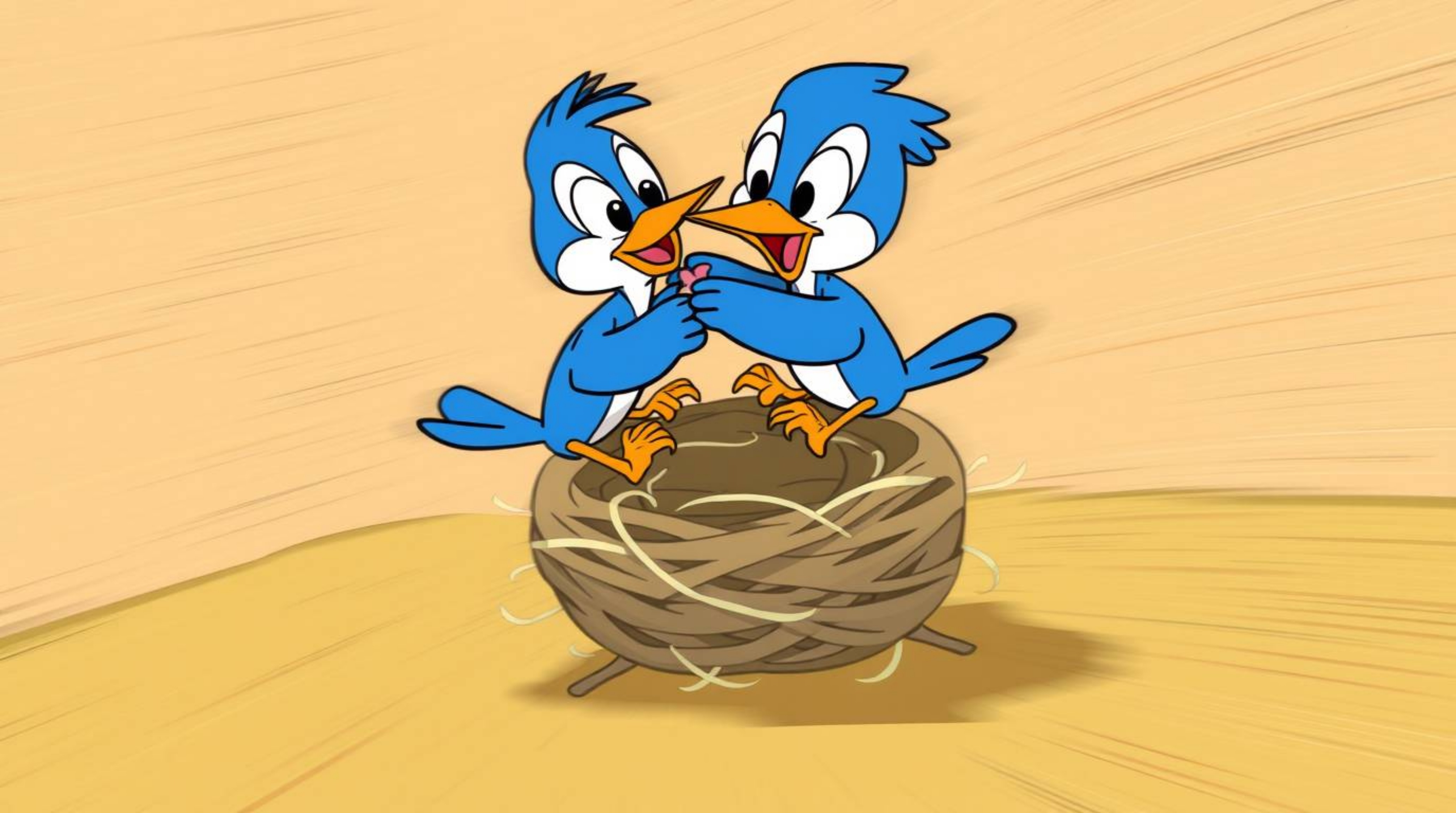 Witness the dynamic motion of two charming cartoon birds diligently constructing their nest in a classic animation style.  En